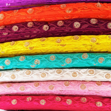 Wholesale Orange Net Lace Trim Floral Embroidery & Glitter Gold Sequins, Indian Wedding Border, Gifting Ribbon Costume Trim Fashion Trimming